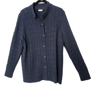 L.L.Bean The‎ Original Double L Cable Cardigan Women L Navy 100% Cotton Sweater